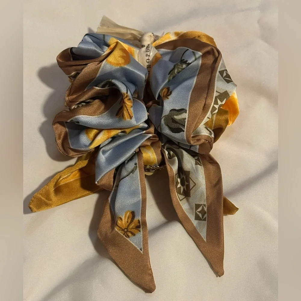 NWT Anthropologie Charmed Scarf Scrunchies Pattern Yellow Blue Tan Faux Pearl
